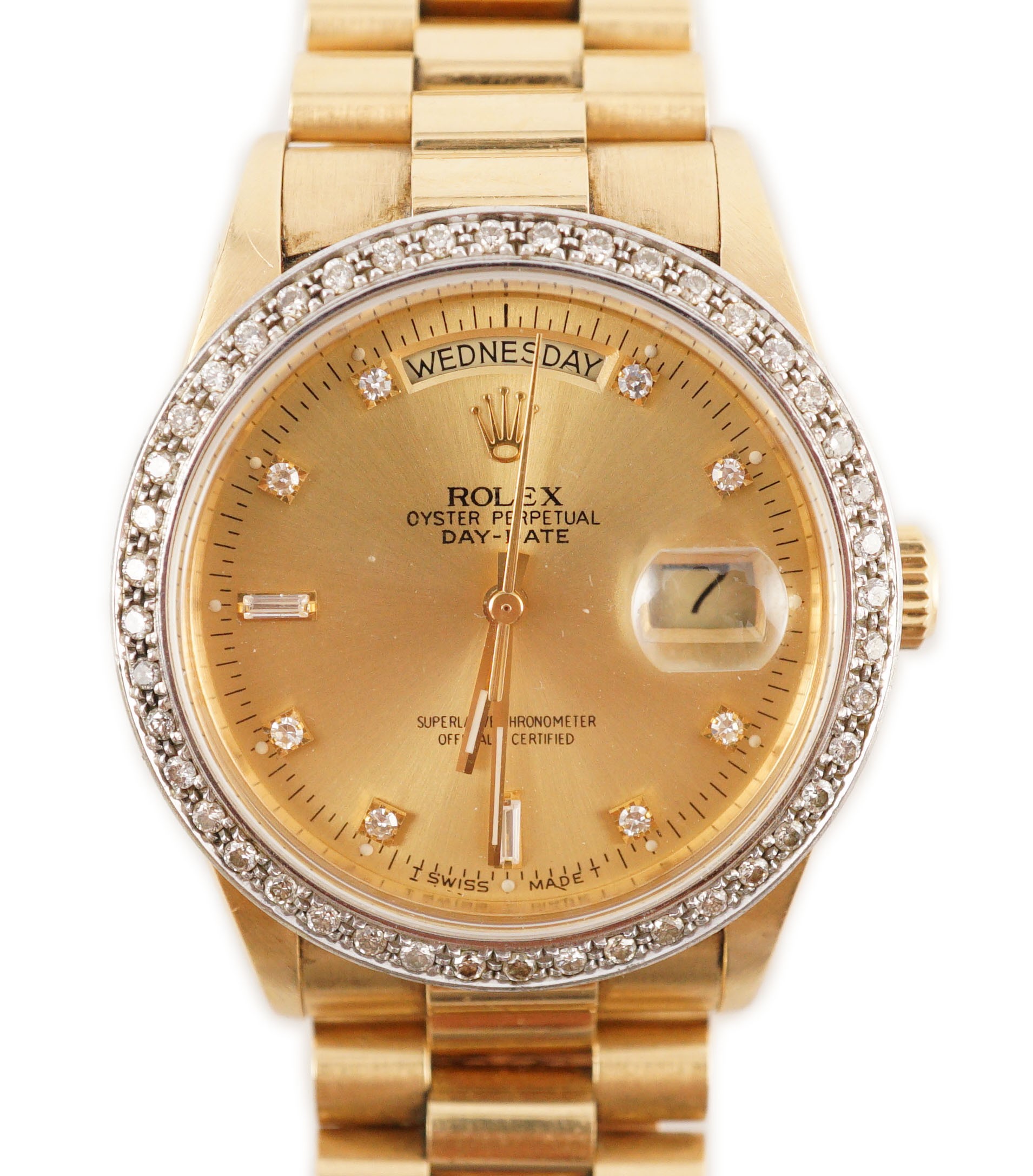 A gentleman's 1980's 18ct gold and diamond set Rolex Oyster Perpetual Day-Date wrist watch